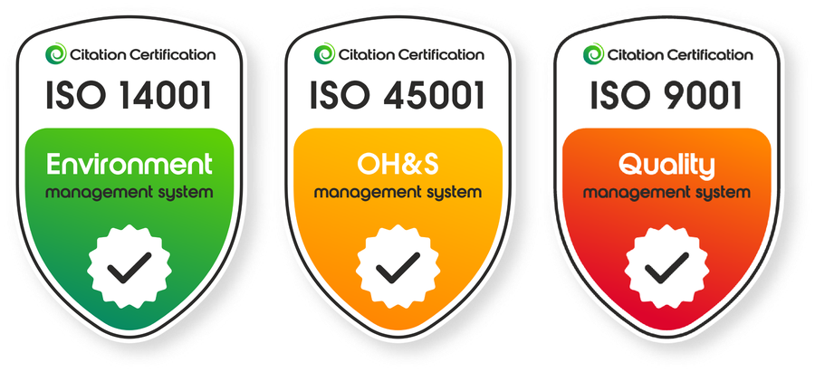 Citation Certification marks for ISO 14001 environment, ISO 45001 OH and S, and ISO 9001 quality management systems